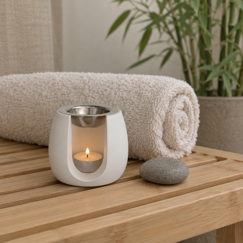 Dune Branco com vela acesa num banco de bambu de spa, com toalha enrolada, pedra e bambu ao fundo