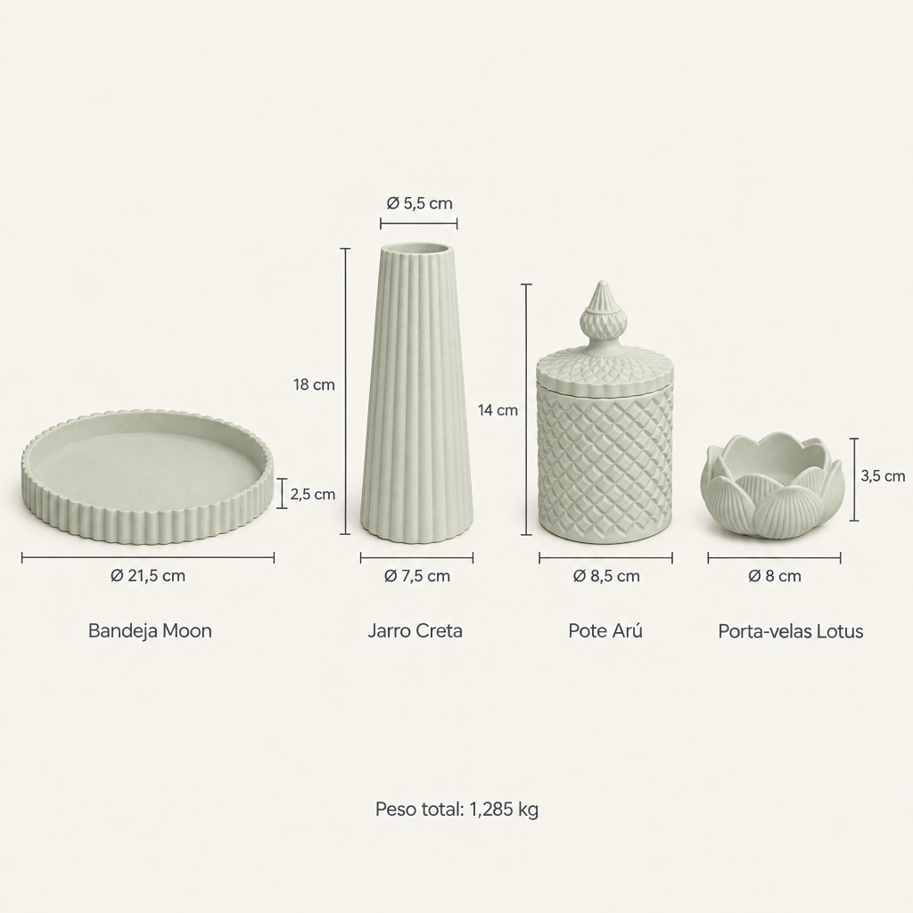 Medidas do conjunto Moon Verde Oliva Claro: Bandeja Moon Ø 21,5 cm, Jarro Creta 18 cm, Pote Arú 14 cm, Porta-velas Lotus Ø 8 cm
