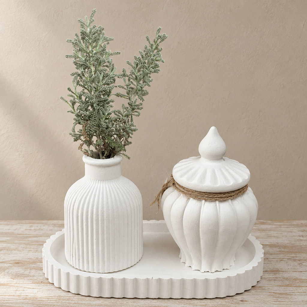 Conjunto Aura Branco Talco real, feito à mão, com alfazema no jarro Lorna
