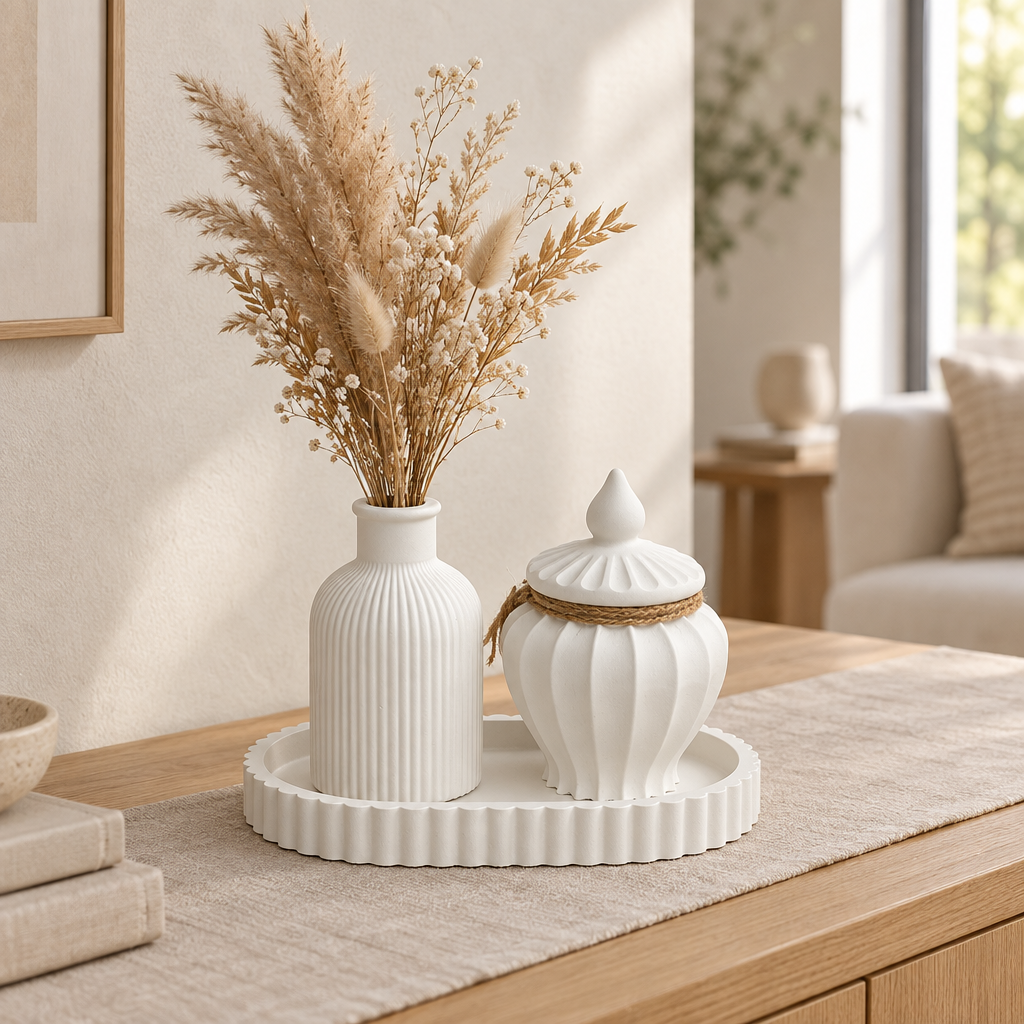 Conjunto Branco Talco numa consola de carvalho