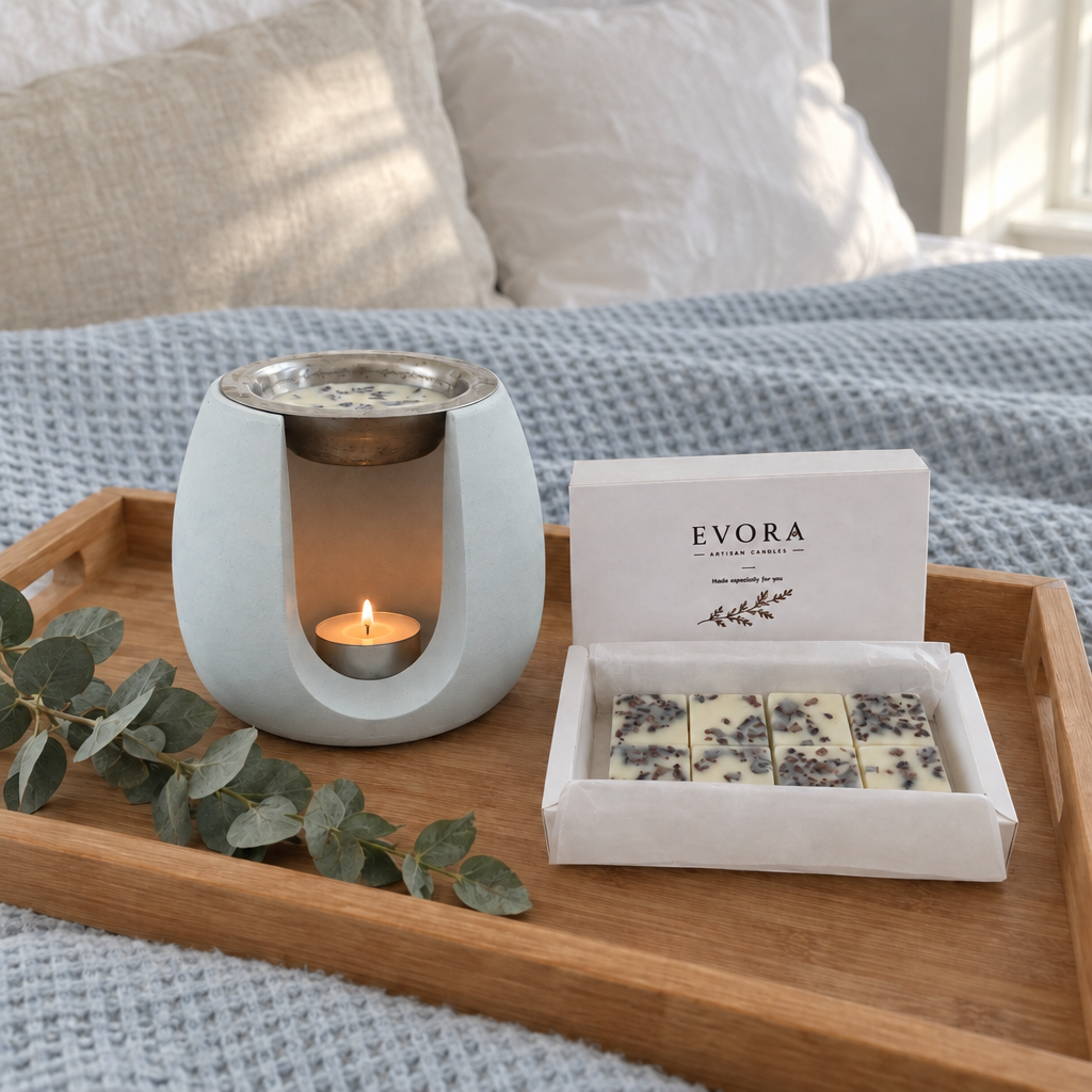 Dune Azul num tabuleiro de madeira em cima da cama, ao lado da caixa EVORA com 8 wax melts e eucalipto