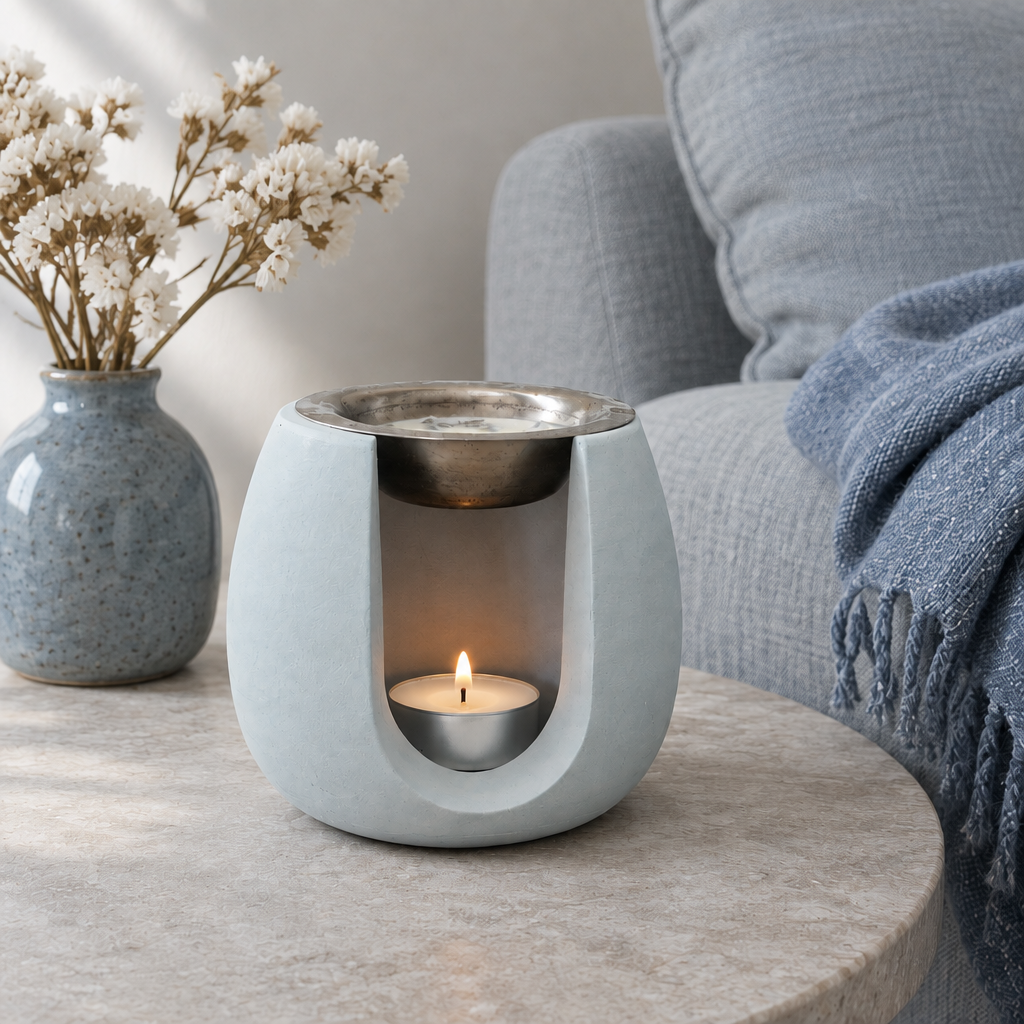 Dune Azul numa mesa de apoio junto a um sofá azul-acinzentado, com vaso azul e flores secas