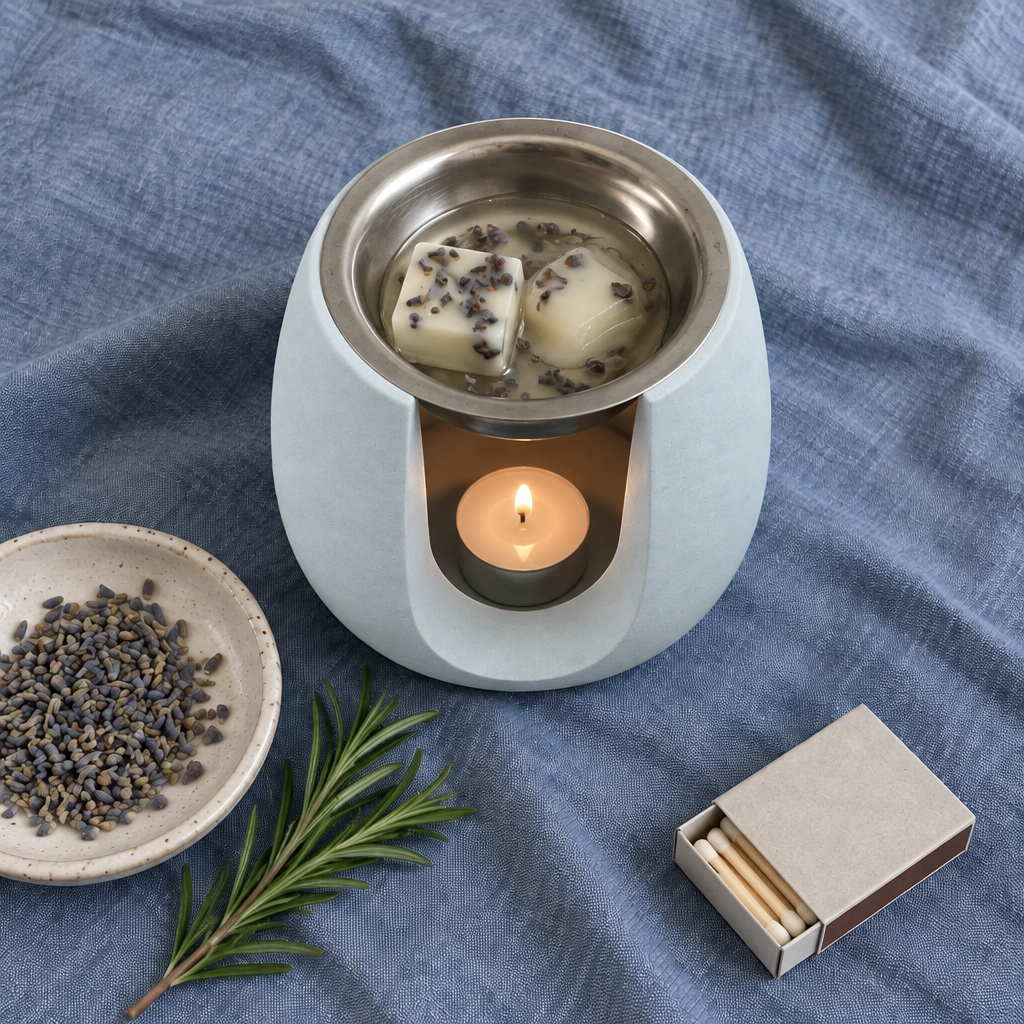 Dune Azul visto de cima numa toalha de linho azul, com os teus wax melts, lavanda solta, alecrim e fósforos