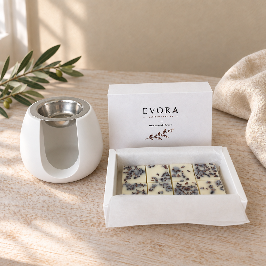 Dune Branco ao lado da caixa EVORA com 8 wax melts, em tamanho real