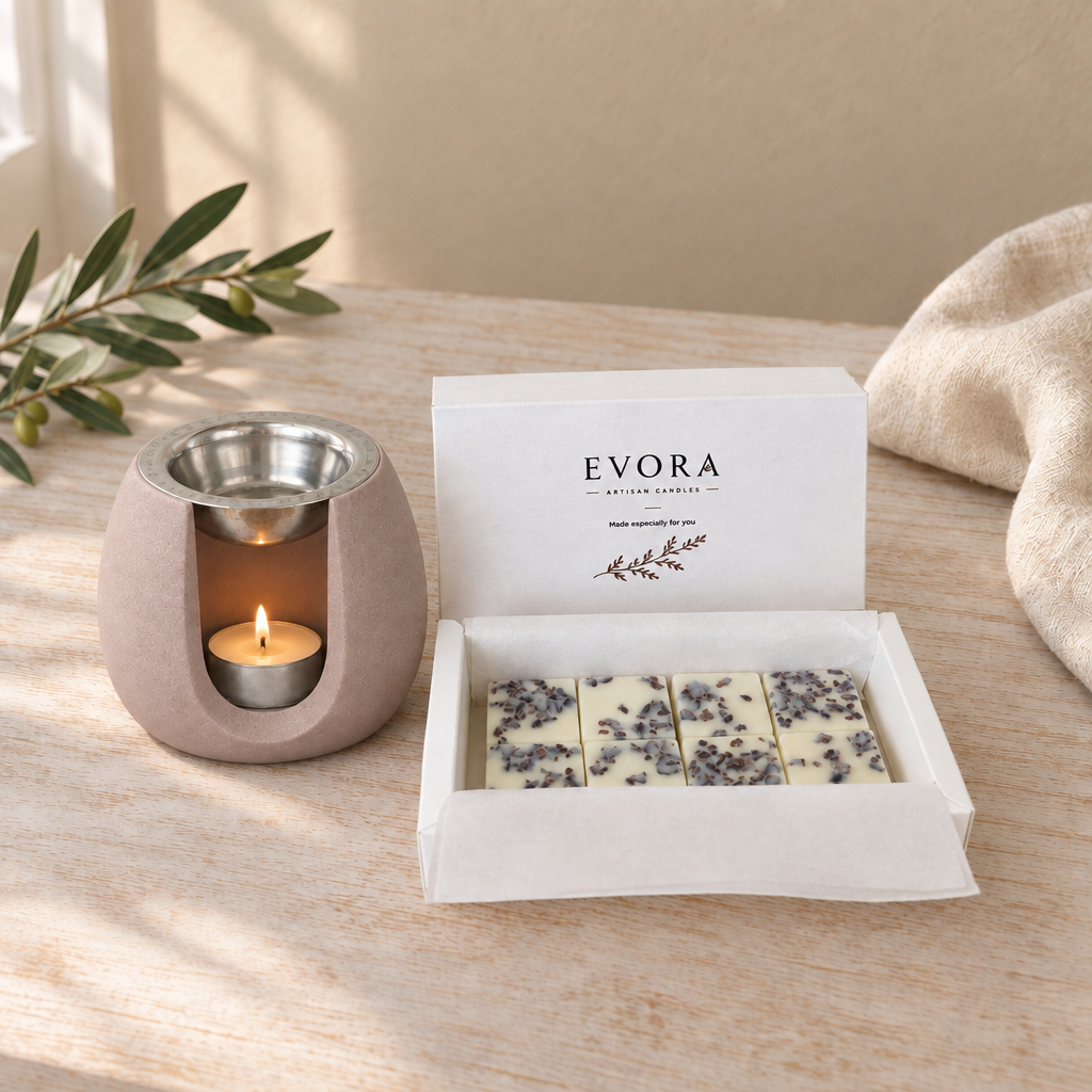 Dune Castanho ao lado da caixa EVORA com 8 wax melts, em tamanho real