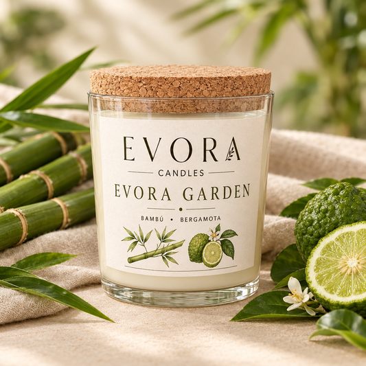 Vela Evora Garden em frasco de vidro com tampa de cortiça, com bambu e bergamota