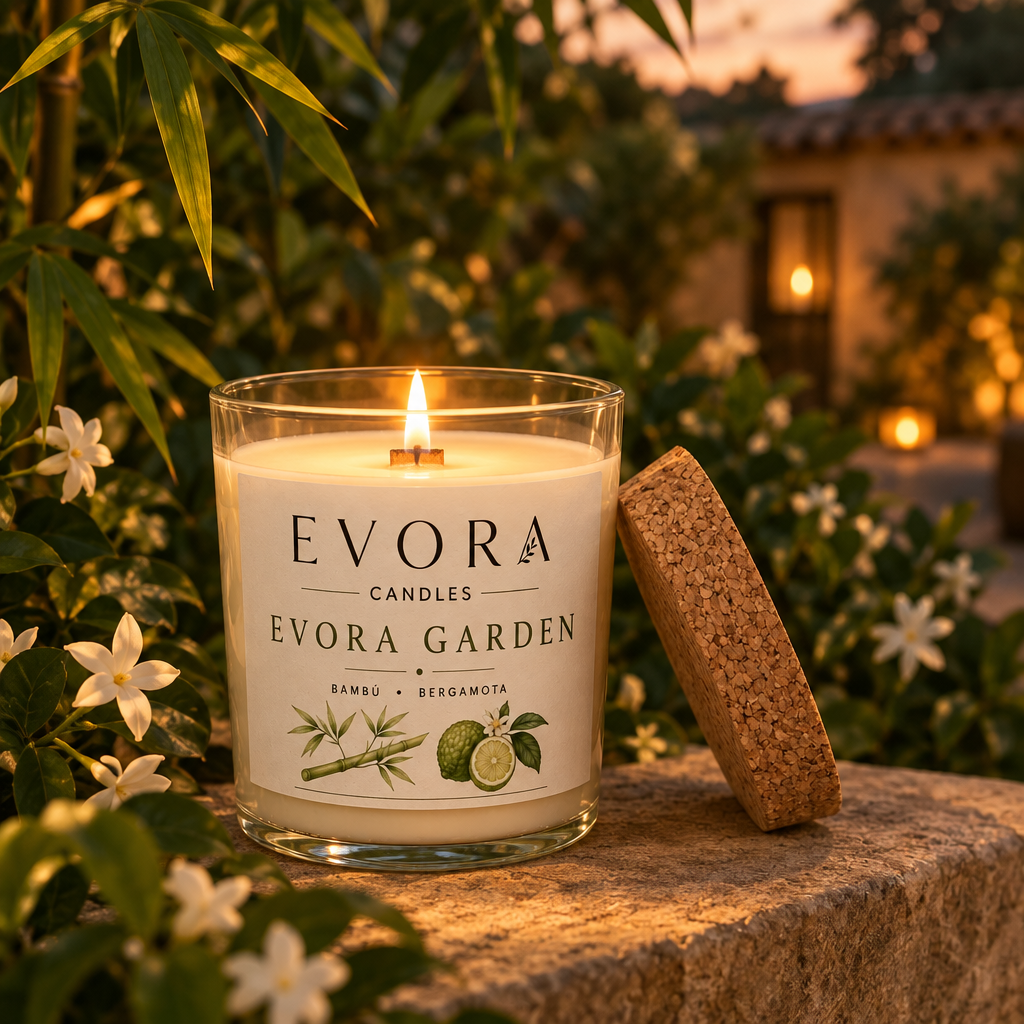 Vela Evora Garden acesa num pátio verde ao anoitecer