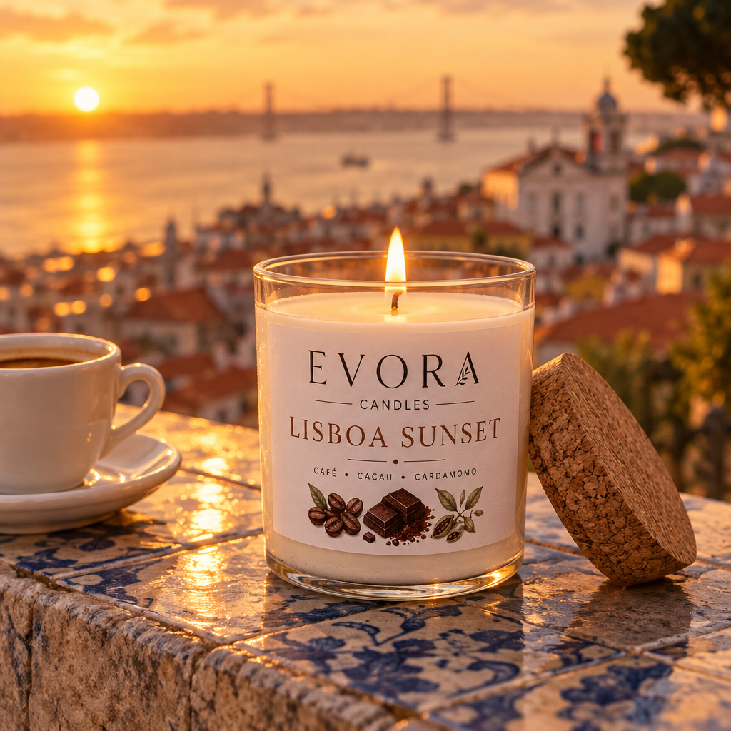 Vela Lisboa Sunset acesa num miradouro de Lisboa ao pôr do sol