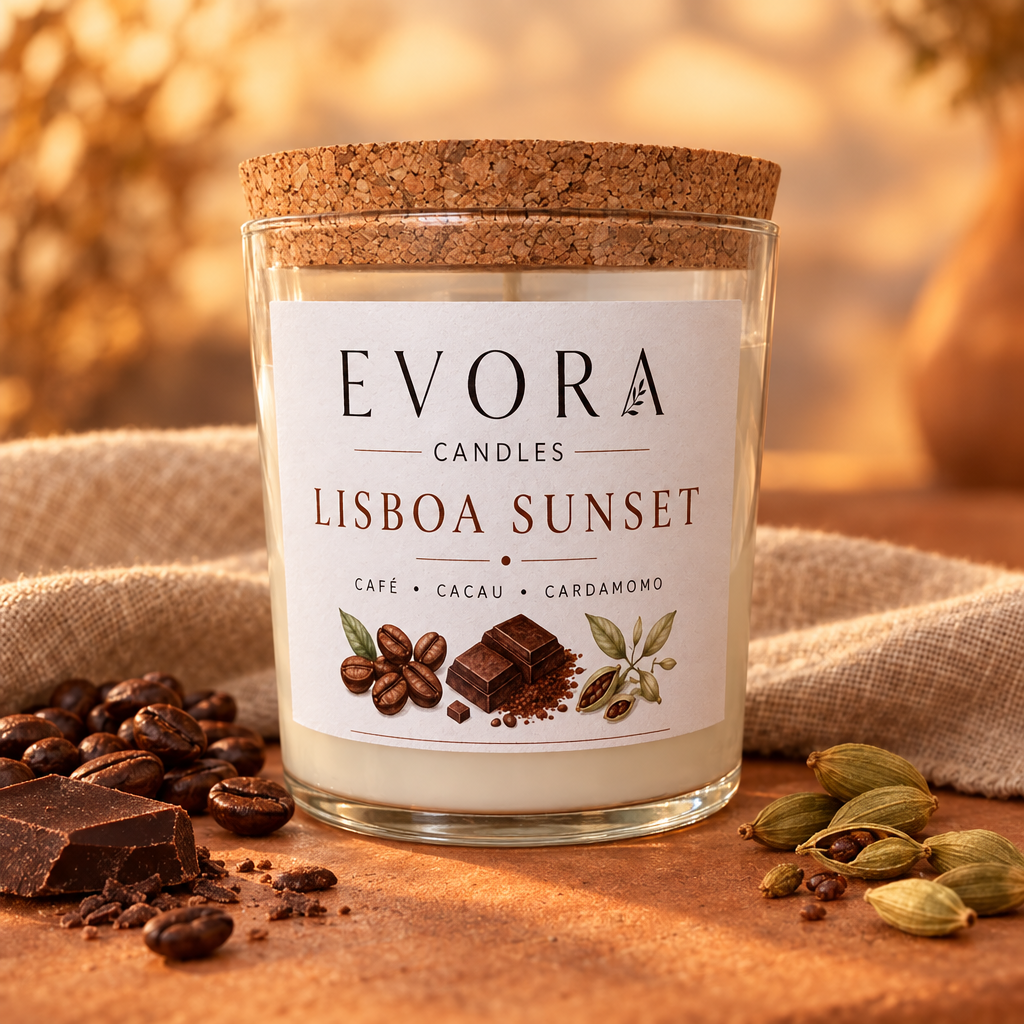 Vela Lisboa Sunset em frasco de vidro com tampa de cortiça, com café, cacau e cardamomo