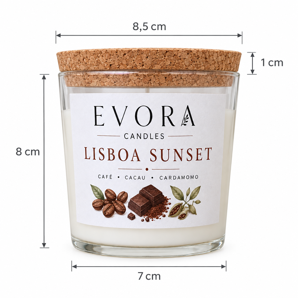 Medidas da vela Lisboa Sunset: 8,5 cm no topo, 7 cm na base, 8 cm de altura e 1 cm de tampa