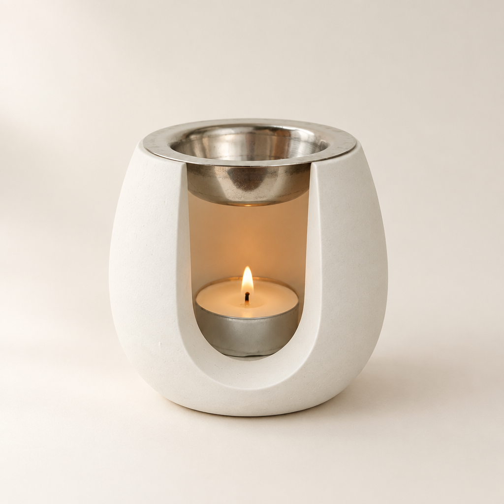 Queimador de wax melts Dune em Raysin Branco Talco com vela de réchaud acesa