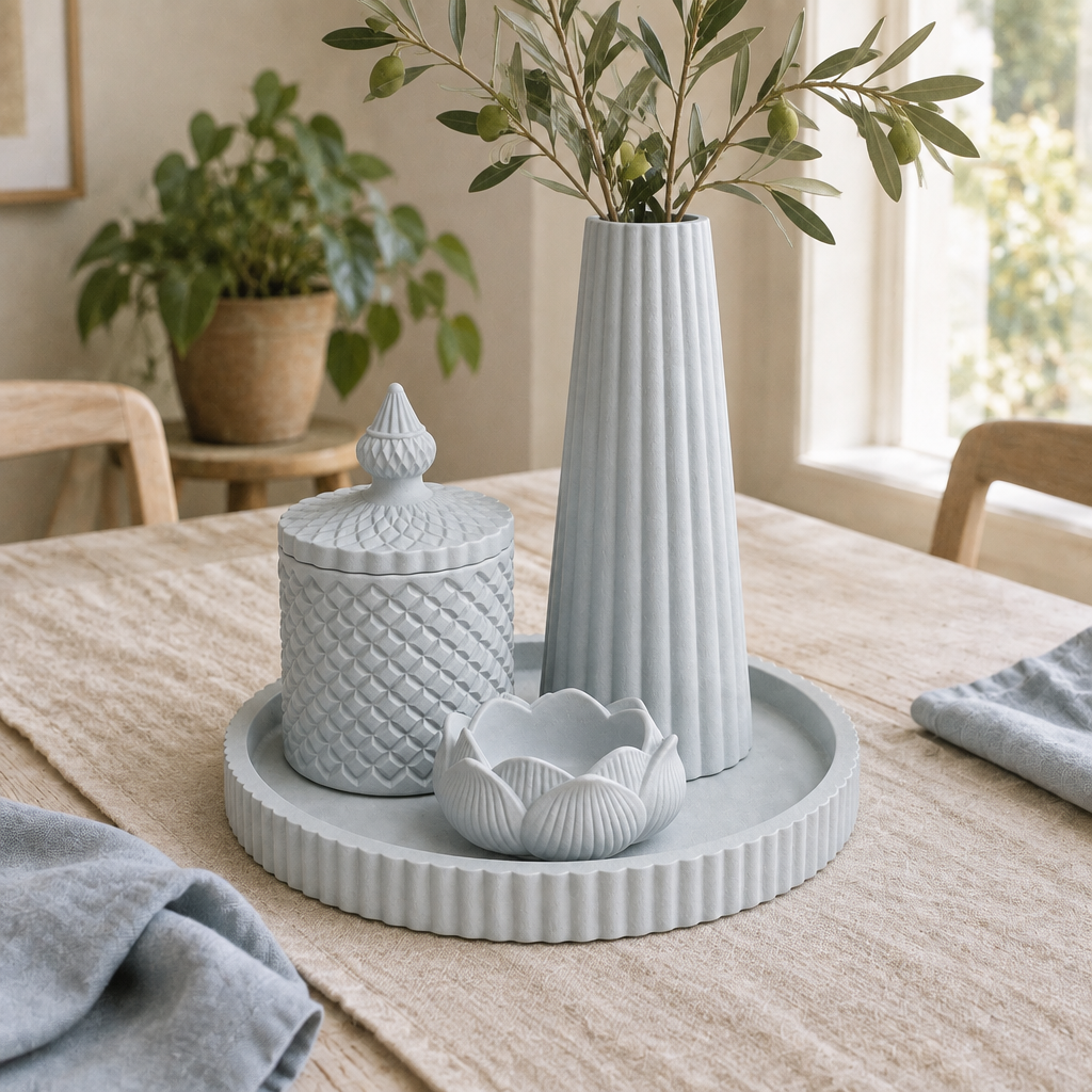 Conjunto Moon Azul Névoa numa mesa de jantar decapada com linho e ramo de oliveira