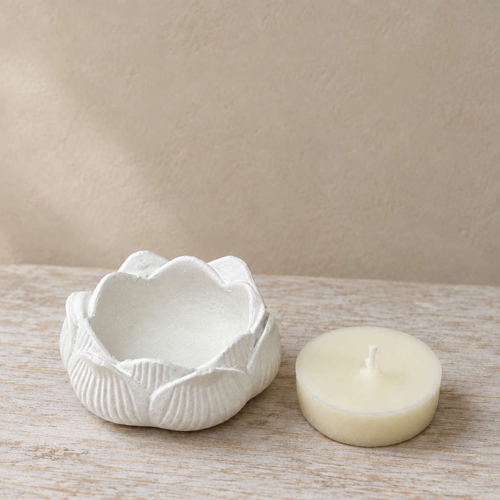 Porta-velas Lotus em Raysin branco com vela de soja
