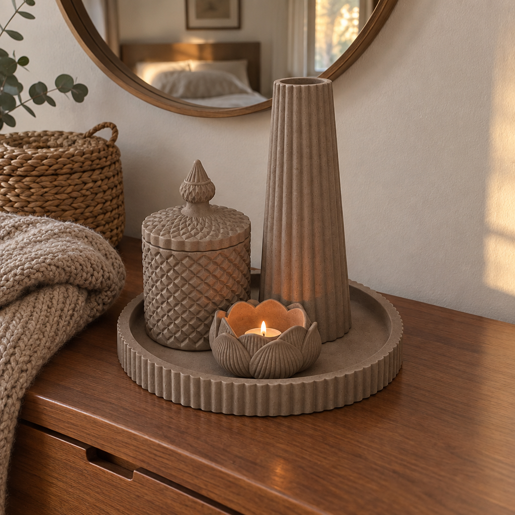 Conjunto Moon Castanho Sombra Tostado numa cómoda de quarto com vela acesa no Lotus