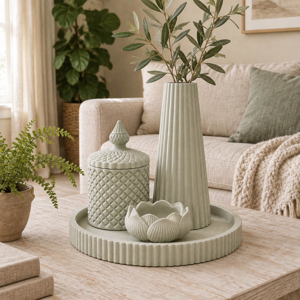 Conjunto Moon Verde Oliva Claro numa mesa de centro decapada com sofá bege e plantas
