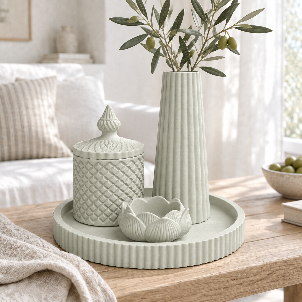 Conjunto Moon Verde Oliva Claro numa sala de estilo mediterrânico