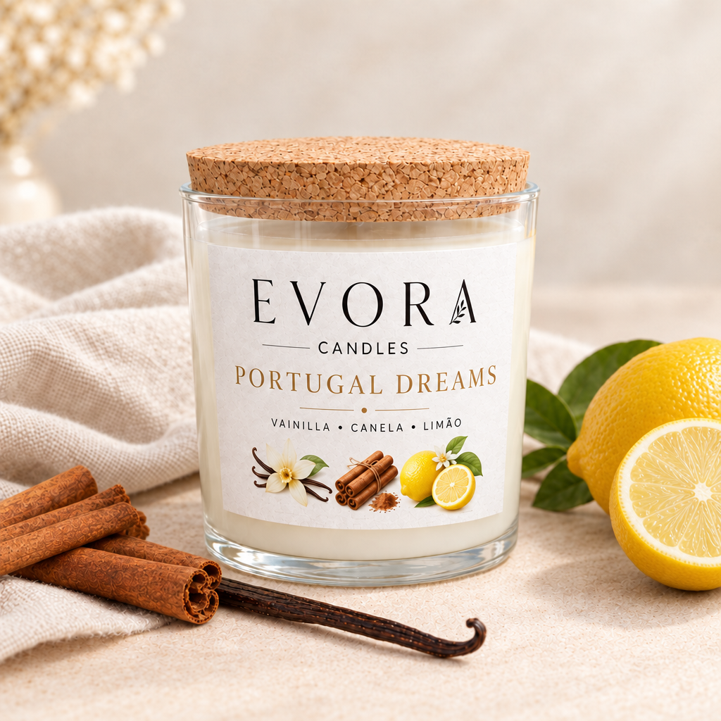 vela Portugal Dreams em frasco de vidro com tampa de cortiça, com paus de canela, baunilha e limão