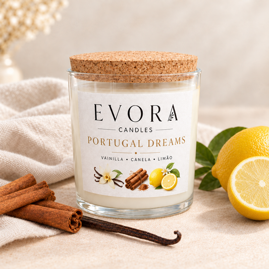 vela Portugal Dreams em frasco de vidro com tampa de cortiça, com paus de canela, baunilha e limão
