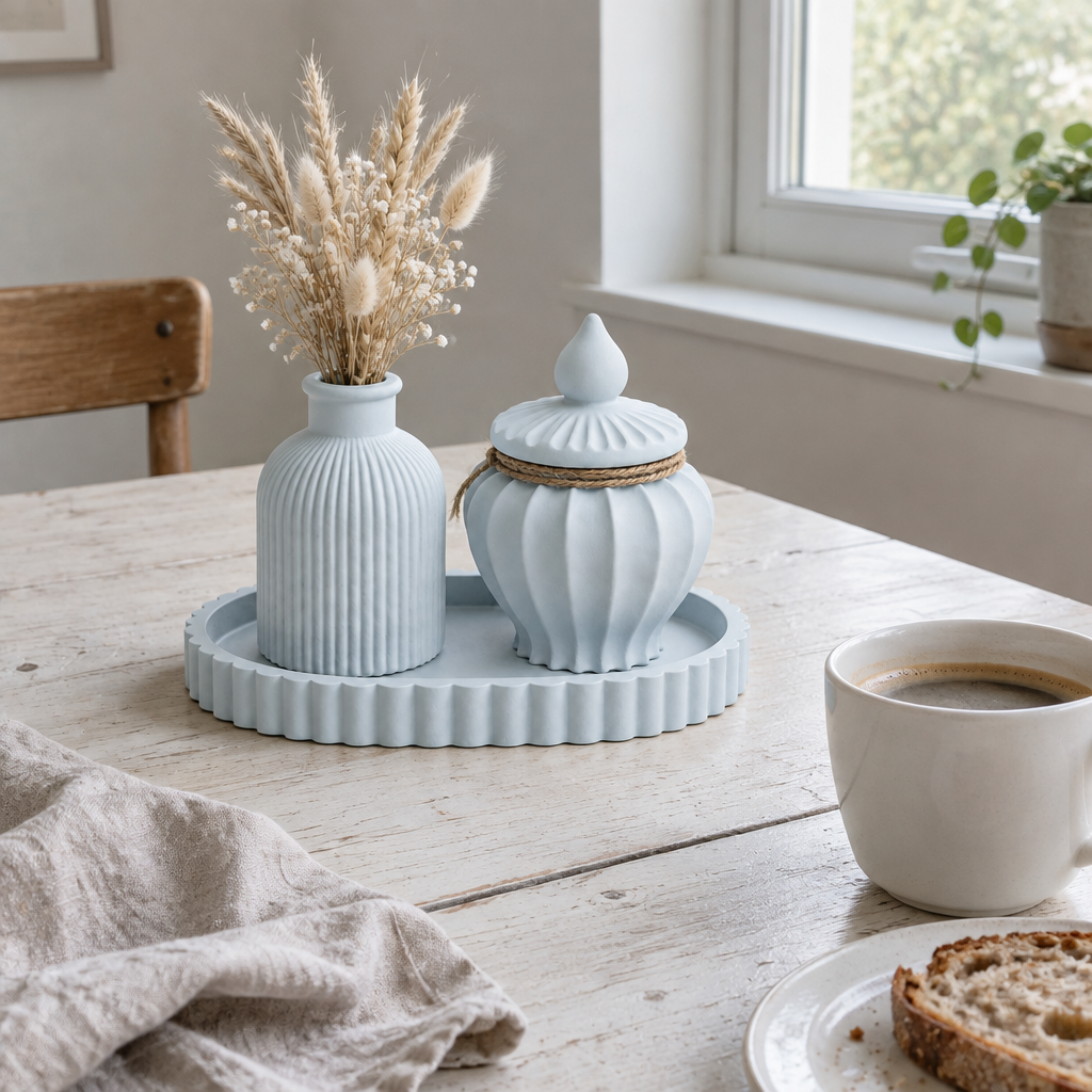 Conjunto Azul Névoa numa mesa de pequeno-almoço