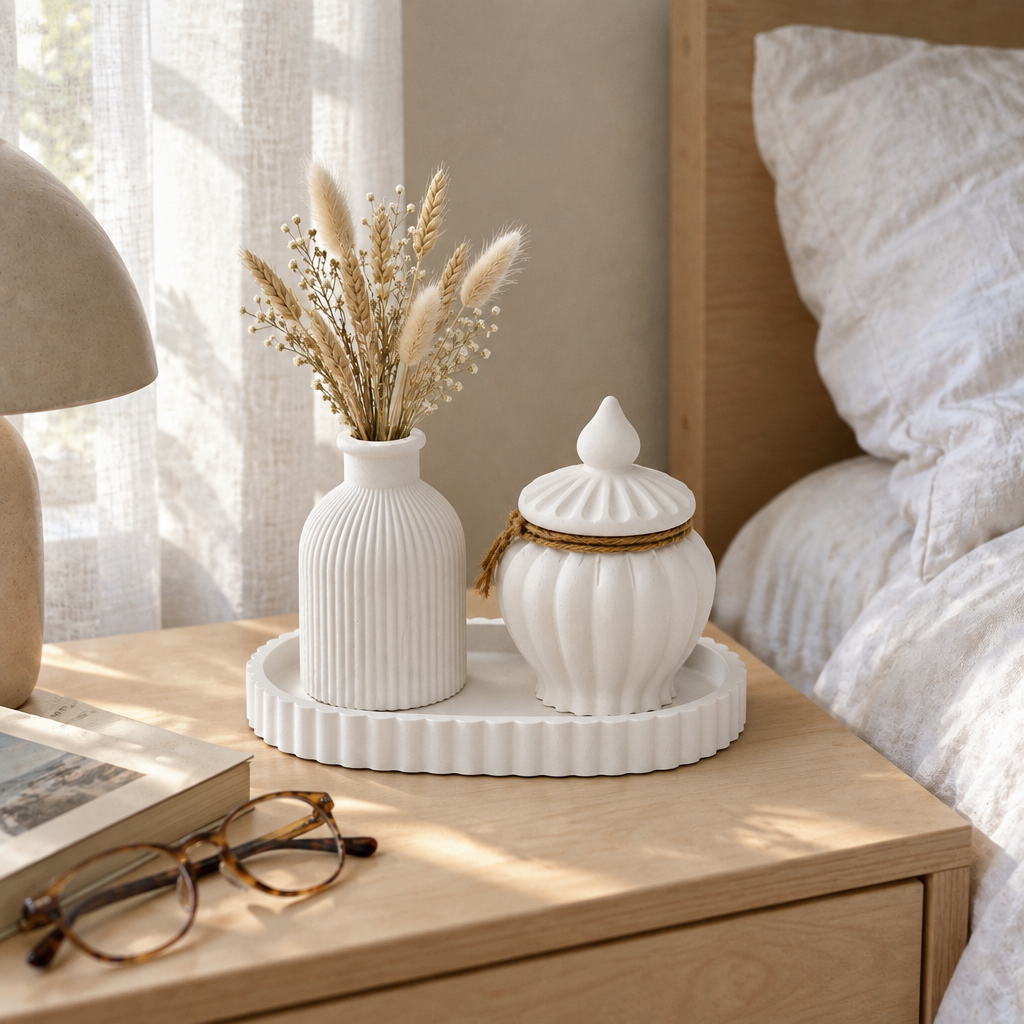 Conjunto Branco Talco numa mesa de cabeceira com lençóis de linho