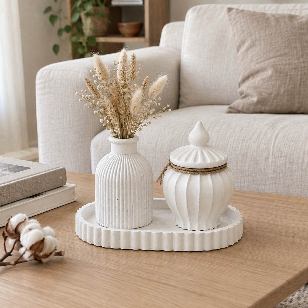 Conjunto Branco Talco numa mesa de centro da sala