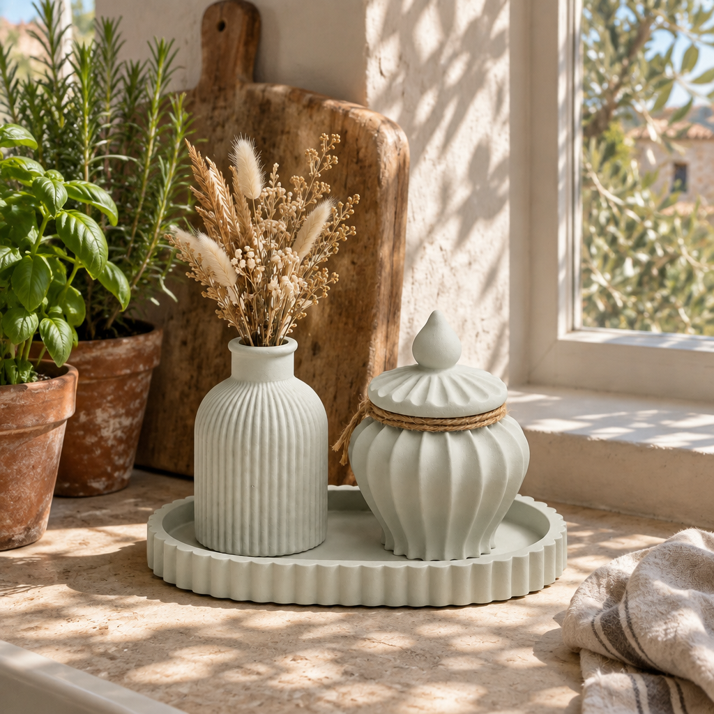 Conjunto Verde Oliva Claro no parapeito da cozinha com ervas aromáticas