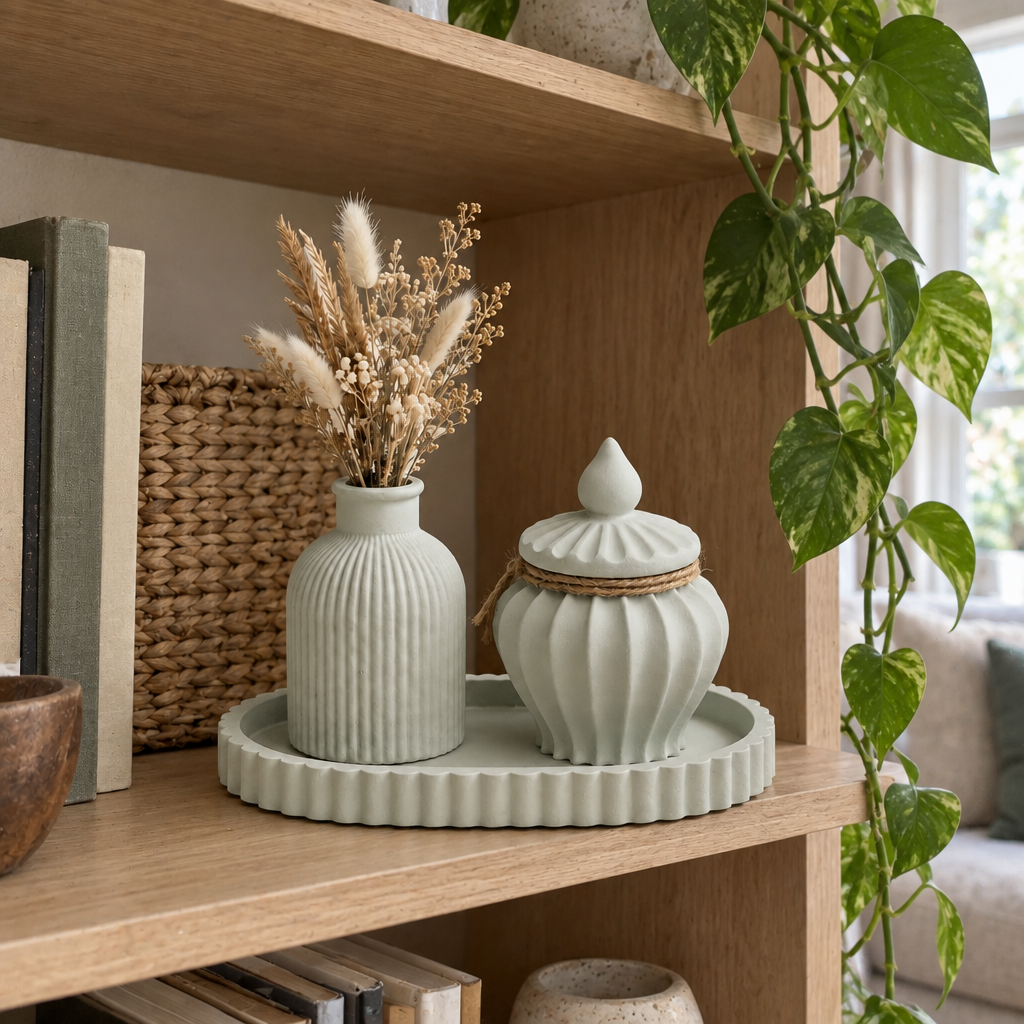 Conjunto Verde Oliva Claro numa estante com plantas